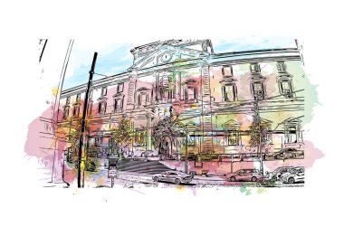 Print Building view with landmark of Naples is the city in Italy. Watercolor splash with hand drawn sketch illustration in vector.