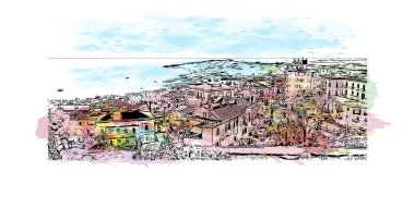 Print Building view with landmark of Naples is the city in Italy. Watercolor splash with hand drawn sketch illustration in vector.