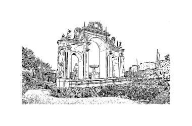 Print Building view with landmark of Naples is the city in Italy. Vektörde elle çizilmiş çizim çizimi.