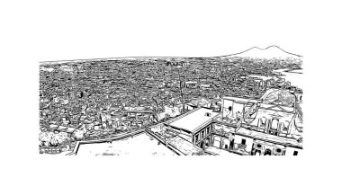 Print Building view with landmark of Naples is the city in Italy. Vektörde elle çizilmiş çizim çizimi.