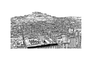 Print Building view with landmark of Naples is the city in Italy. Vektörde elle çizilmiş çizim çizimi.