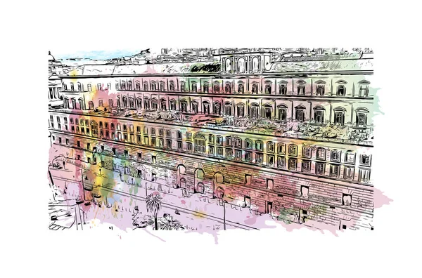 Print Building View Landmark Naples City Italy Watercolor Splash Hand — Vettoriale Stock