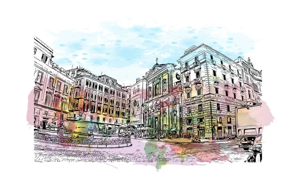 Print Building View Landmark Naples City Italy Watercolor Splash Hand —  Vetores de Stock