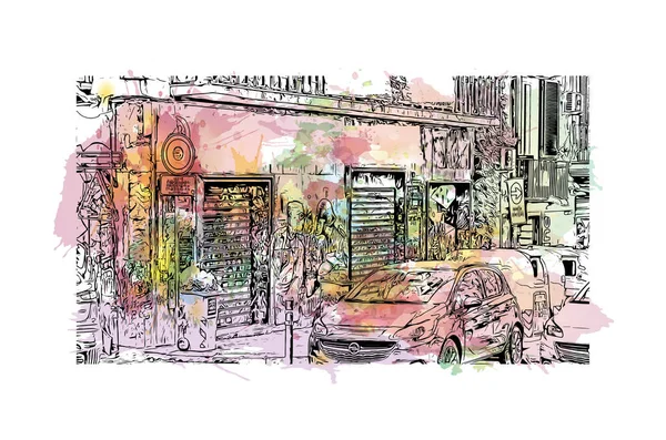 Print Building View Landmark Naples City Italy Watercolor Splash Hand — Stock vektor