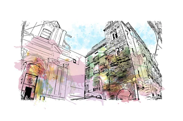 Print Building View Landmark Naples City Italy Watercolor Splash Hand — Stock vektor