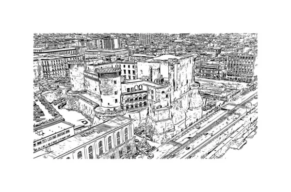 Print Building View Landmark Naples City Italy Hand Drawn Sketch — Vettoriale Stock