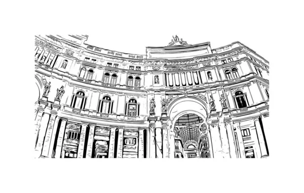 Print Building View Landmark Naples City Italy Hand Drawn Sketch — Stok Vektör