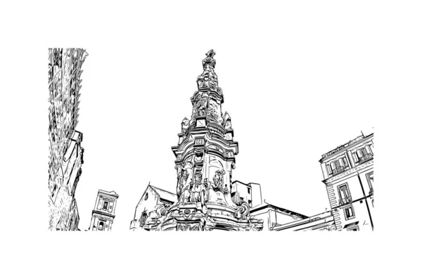 Print Building View Landmark Naples City Italy Hand Drawn Sketch — Stock vektor