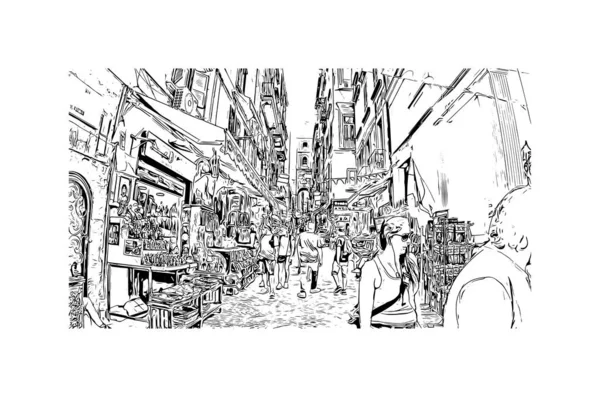 Print Building View Landmark Naples City Italy Hand Drawn Sketch — 스톡 벡터