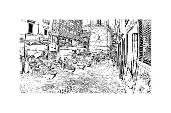 Print Building View Landmark Naples City Italy Hand Drawn Sketch — Stockvector
