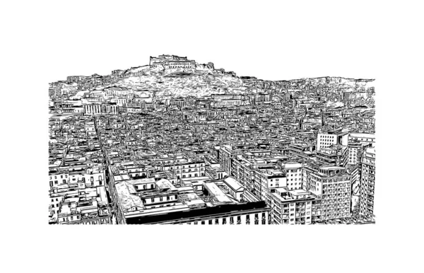 Print Building View Landmark Naples City Italy Hand Drawn Sketch — Image vectorielle