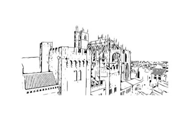 Print Building view with landmark of Narbonne is the Communes in France. Vektörde elle çizilmiş çizim çizimi.