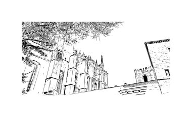 Print Building view with landmark of Narbonne is the Communes in France. Vektörde elle çizilmiş çizim çizimi.