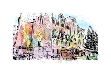 Print Building view with landmark of Narbonne is the Communes in France. Vektörde elle çizilmiş resim ile suluboya sıçraması.