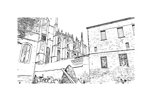 Print Building View Landmark Narbonne Commune France Hand Drawn Sketch — Archivo Imágenes Vectoriales