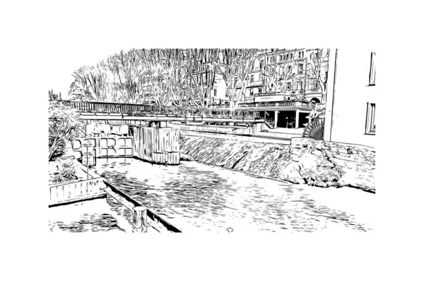 Print Building View Landmark Narbonne Commune France Hand Drawn Sketch — Image vectorielle