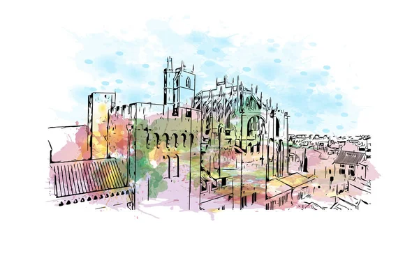 Print Building view with landmark of Narbonne is the Communes in France. Vektörde elle çizilmiş resim ile suluboya sıçraması.