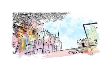 Print Building view with landmark of Narbonne is the Communes in France. Vektörde elle çizilmiş resim ile suluboya sıçraması.