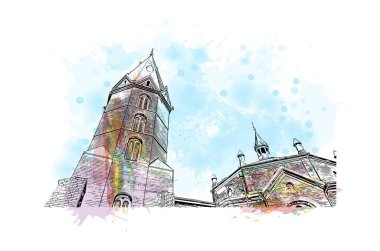 Print Building view of Narva, Estonya 'da bir şehirdir. Vektörde elle çizilmiş resim ile suluboya sıçraması.