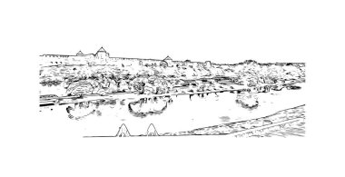 Print Building view of Narva, Estonya 'da bir şehirdir. Vektörde elle çizilmiş çizim çizimi.