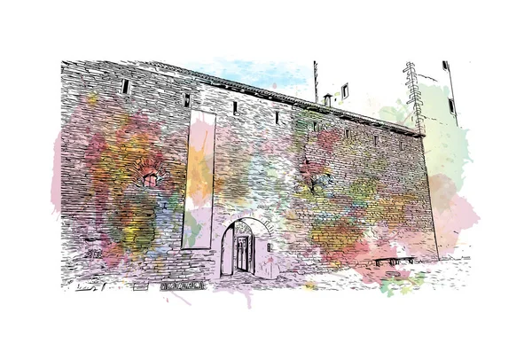 Print Building view of Narva, Estonya 'da bir şehirdir. Vektörde elle çizilmiş resim ile suluboya sıçraması.