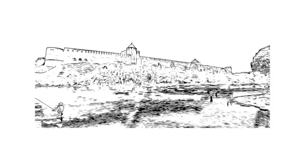 Print Building View Landmark Narva Municipality City Estonia Hand Drawn — Stok Vektör