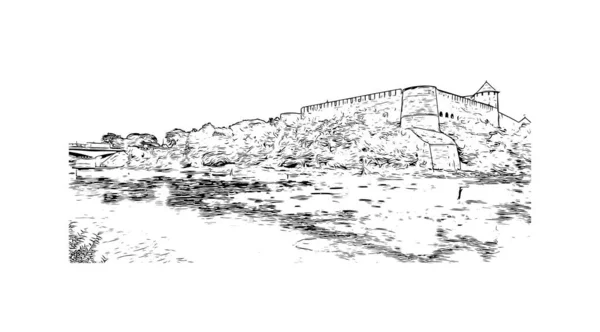 Print Building View Landmark Narva Municipality City Estonia Hand Drawn — Image vectorielle