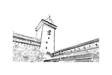Print Building view with landmark of Narva is a municipality and city in Estonia. Hand drawn sketch illustration in vector.