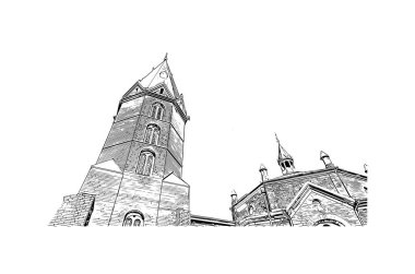 Print Building view of Narva, Estonya 'da bir şehirdir. Vektörde elle çizilmiş çizim çizimi.