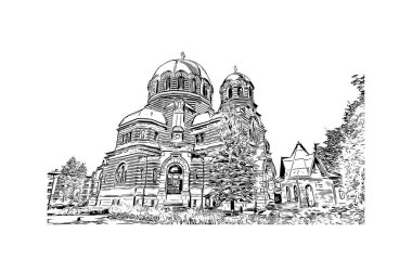 Print Building view of Narva, Estonya 'da bir şehirdir. Vektörde elle çizilmiş çizim çizimi.