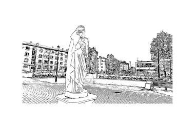 Print Building view with landmark of Narva is a municipality and city in Estonia. Hand drawn sketch illustration in vector.