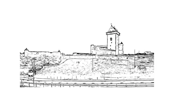 Print Building View Landmark Narva Municipality City Estonia Hand Drawn — 图库矢量图片
