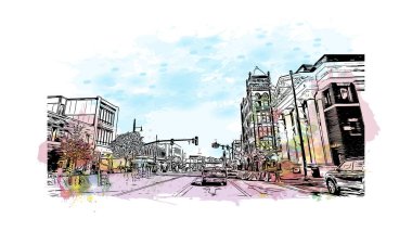 Print Building view with landmark of Nashua Güney New Hampshire 'da bir şehirdir. Vektörde elle çizilmiş resim ile suluboya sıçraması.