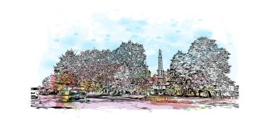 Print Building view with landmark of Nashua Güney New Hampshire 'da bir şehirdir. Vektörde elle çizilmiş resim ile suluboya sıçraması.