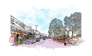 Print Building view with landmark of Nashua Güney New Hampshire 'da bir şehirdir. Vektörde elle çizilmiş resim ile suluboya sıçraması.