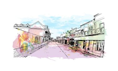 Bahamalar 'ın başkenti Nassau' nun simgesi olan Print Building view 'dir. Vektörde elle çizilmiş resim ile suluboya sıçraması.