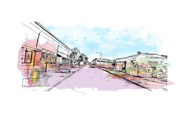 Bahamalar 'ın başkenti Nassau' nun simgesi olan Print Building view 'dir. Vektörde elle çizilmiş resim ile suluboya sıçraması.