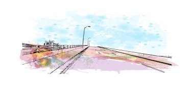 Print Building view with landmark of Nassau is the capital in Bahamas. Watercolor splash with hand drawn sketch illustration in vector.