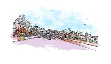 Bahamalar 'ın başkenti Nassau' nun simgesi olan Print Building view 'dir. Vektörde elle çizilmiş resim ile suluboya sıçraması.