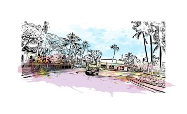 Bahamalar 'ın başkenti Nassau' nun simgesi olan Print Building view 'dir. Vektörde elle çizilmiş resim ile suluboya sıçraması.