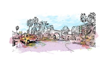 Bahamalar 'ın başkenti Nassau' nun simgesi olan Print Building view 'dir. Vektörde elle çizilmiş resim ile suluboya sıçraması.