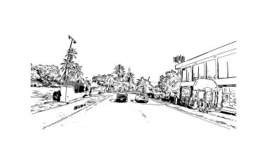 Bahamalar 'ın başkenti Nassau' nun simgesi olan Print Building view 'dir. Vektörde elle çizilmiş çizim çizimi.