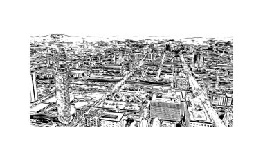 Nashville 'in simgesi olan Print Building View, Tennessee' deki bir şehirdir. Vektörde elle çizilmiş çizim çizimi.