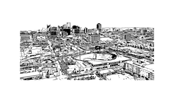 Print Building Vista Com Marco Nashville Cidade Tennessee Desenho Desenhado — Vetor de Stock