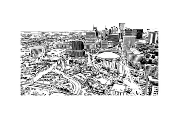 Print Building View Landmark Nashville City Tennessee Hand Drawn Sketch — ストックベクタ