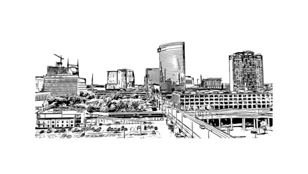 Drukuj Widok Budynku Zabytkiem Nashville Jest Miasto Tennessee Ręcznie Rysowany — Wektor stockowy