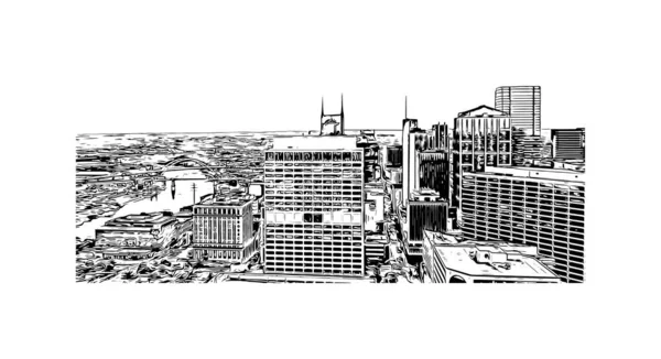 Print Building View Landmark Nashville City Tennessee Hand Drawn Sketch — Vector de stock