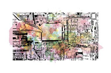 Nashville 'in simgesi olan Print Building View, Tennessee' deki bir şehirdir. Vektörde elle çizilmiş resim ile suluboya sıçraması.