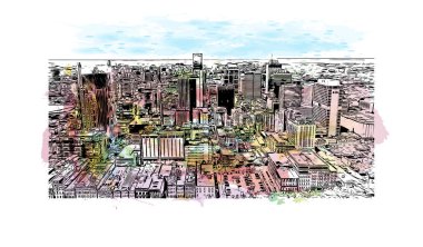 Nashville 'in simgesi olan Print Building View, Tennessee' deki bir şehirdir. Vektörde elle çizilmiş resim ile suluboya sıçraması.