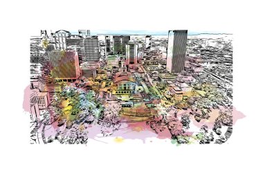 Nashville 'in simgesi olan Print Building View, Tennessee' deki bir şehirdir. Vektörde elle çizilmiş resim ile suluboya sıçraması.